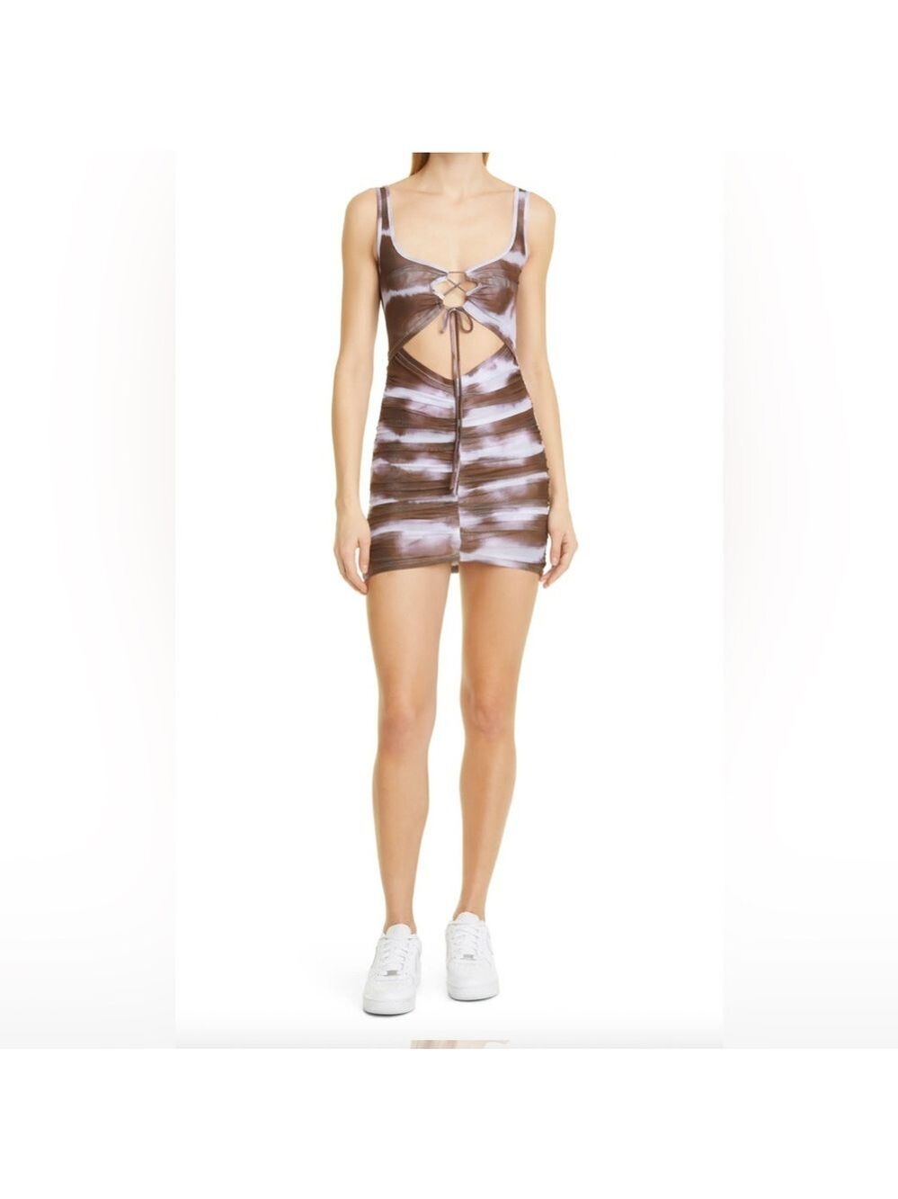 BY.DLYN Tie Dye Ruched Mini Dress Brown White Extra Small Bodycon Trendy $110